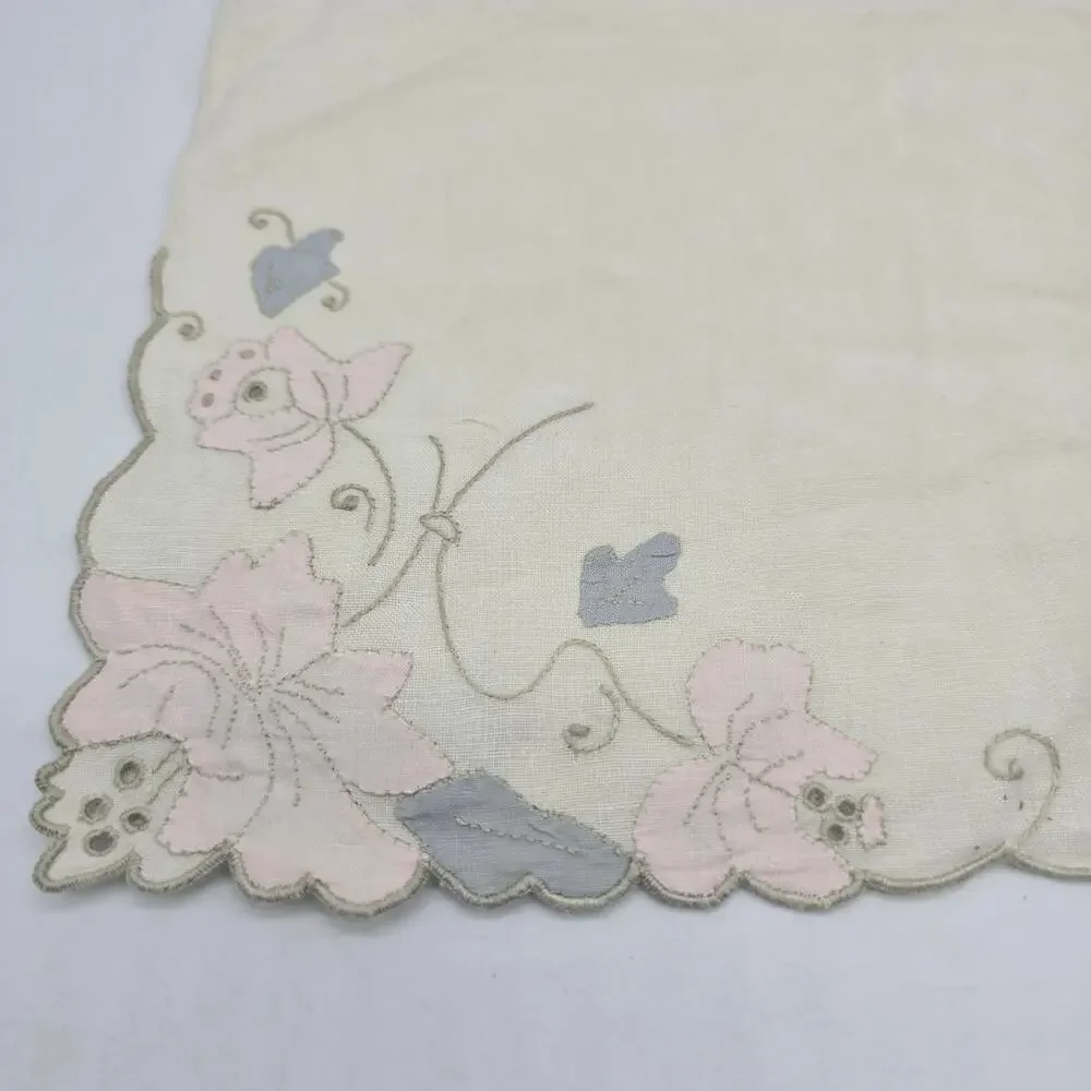 Ivory Vintage Linen Table Runner Floral Embroidery 31